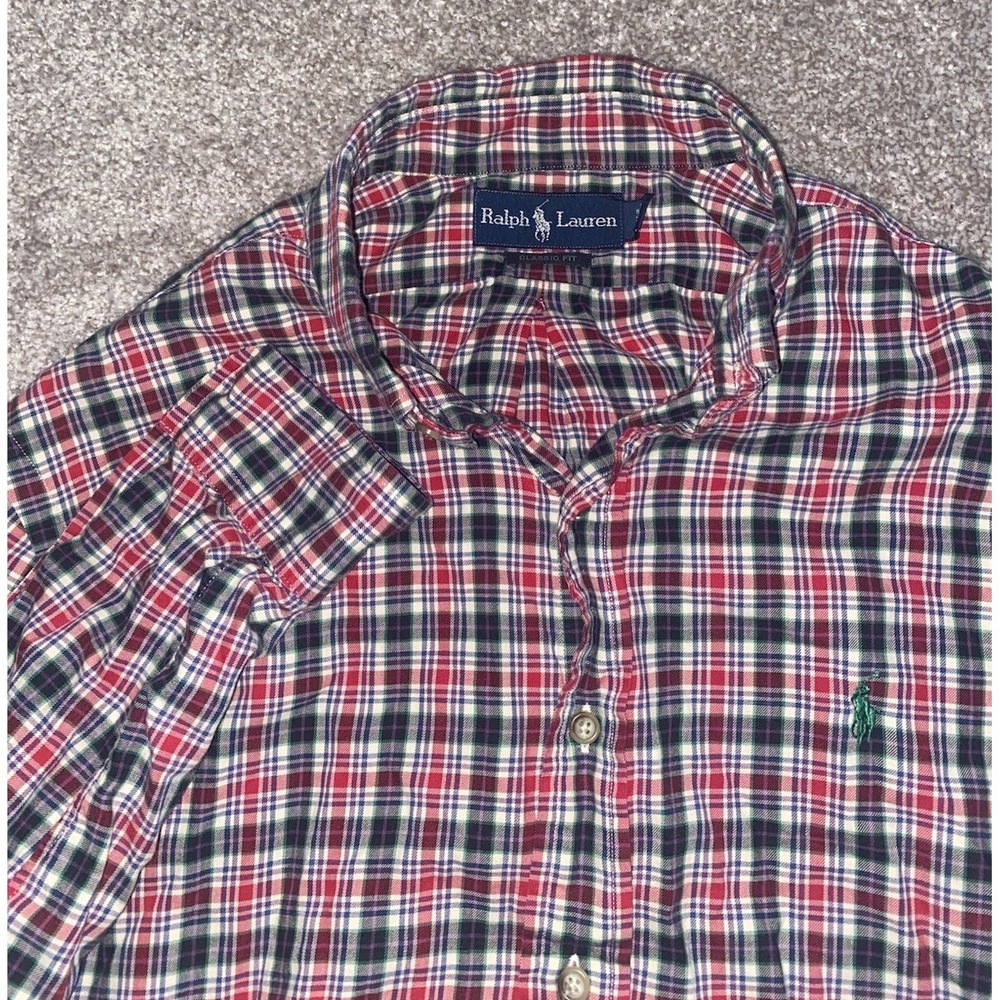 Polo Ralph Lauren Shirt Mens Large Cotton Gingham Check Plaid Flannel Green Pony